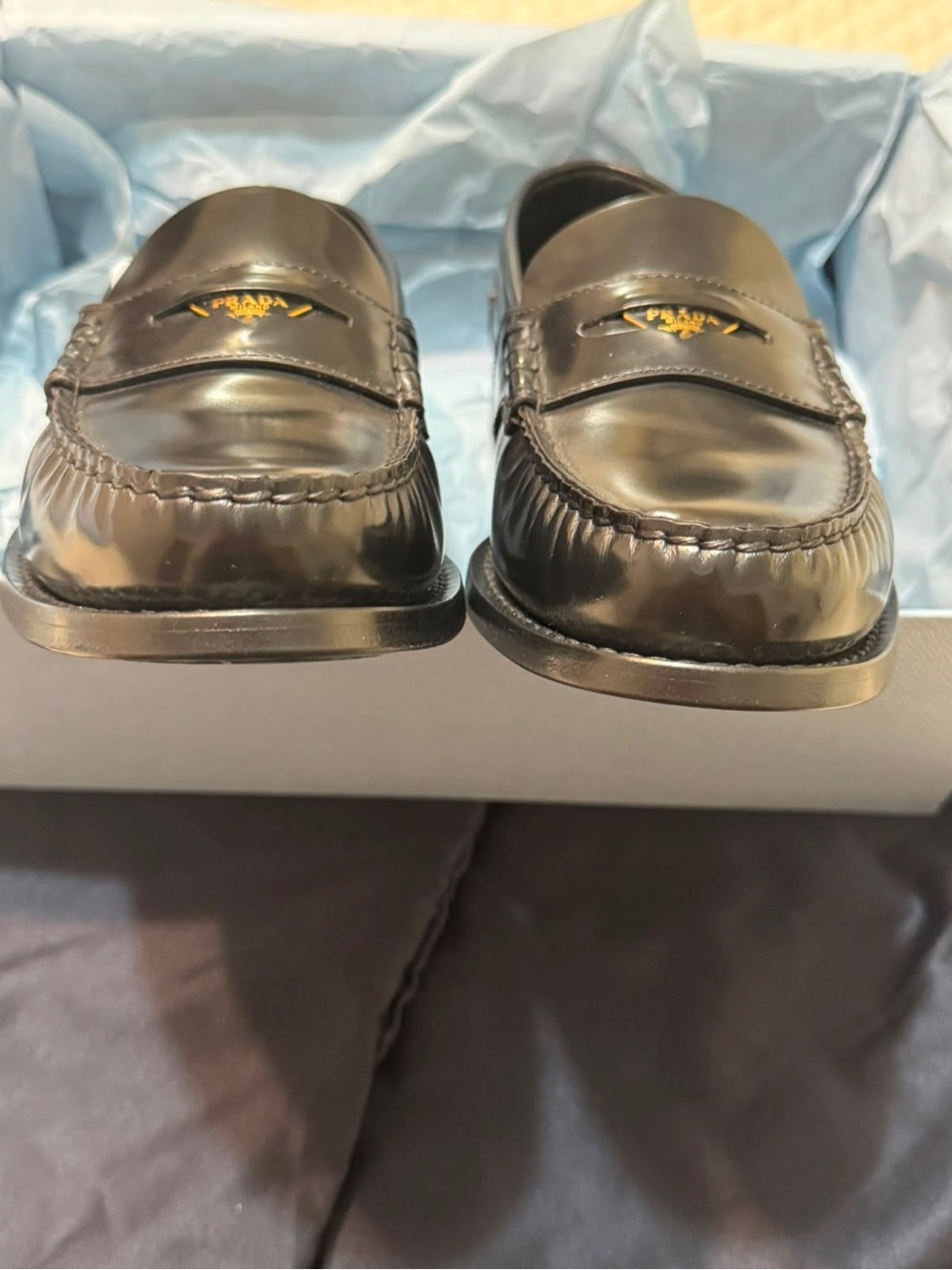 Prada Black Leather Penny Loafers with Gold Logo Hardware - Picture 6 of 12